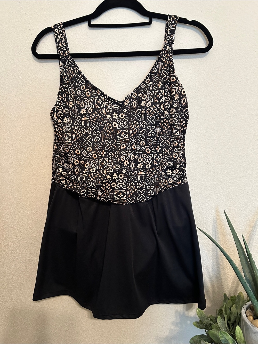 Black & Cream Patterned One Piece Swimsuit with Full Skirt